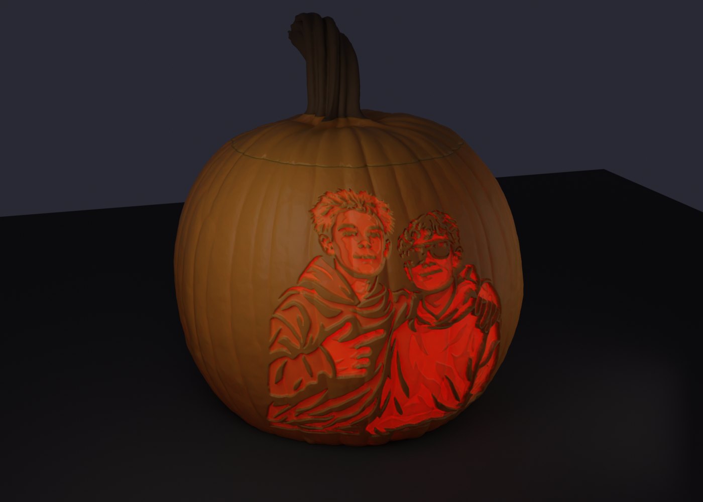 A 3D-printed pumpkin lit from inside, the portrait glowing through the skin
